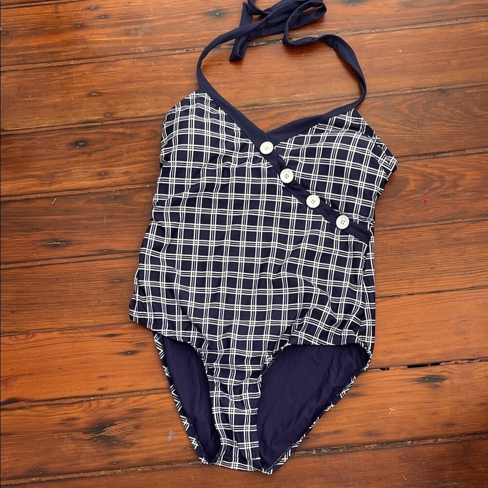 ModCloth Retro plaid halter top one piece swimsuit sz M